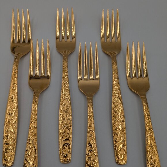 Americana Golden Heritage Flatware Golden Scroll 6 Dinner Forks 6.75" Vintage - Picture 5 of 14
